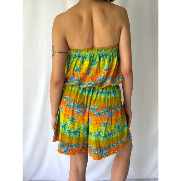 80s vintage green tropical beach print ruffle strapless romper shorts playsuit - Picture 6 of 10
